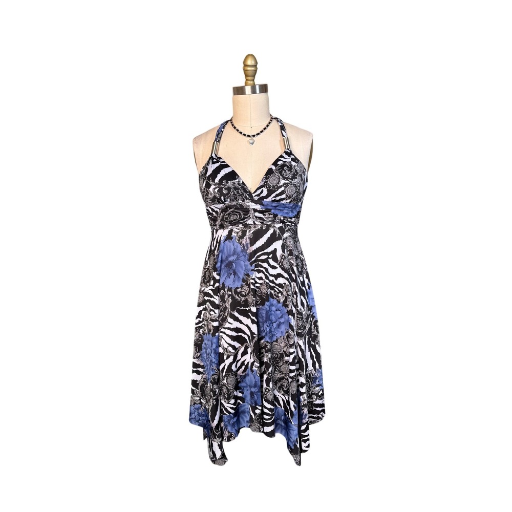 Floral Zebra Print Paradise Halter Handkerchief Dress S/M Silver Hardware